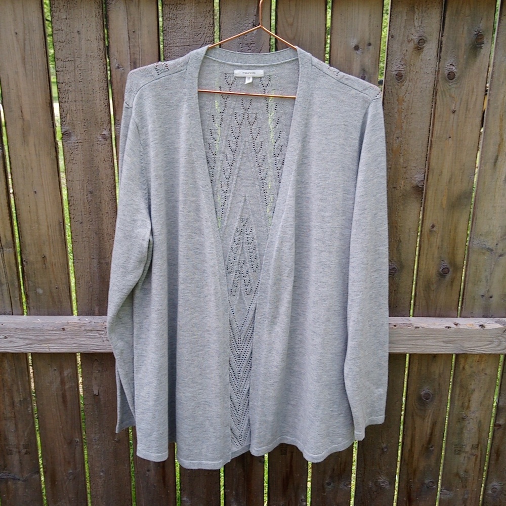 Maurices Light Gray Open Front Long Sleeve Cardigan Cut Out Design Back